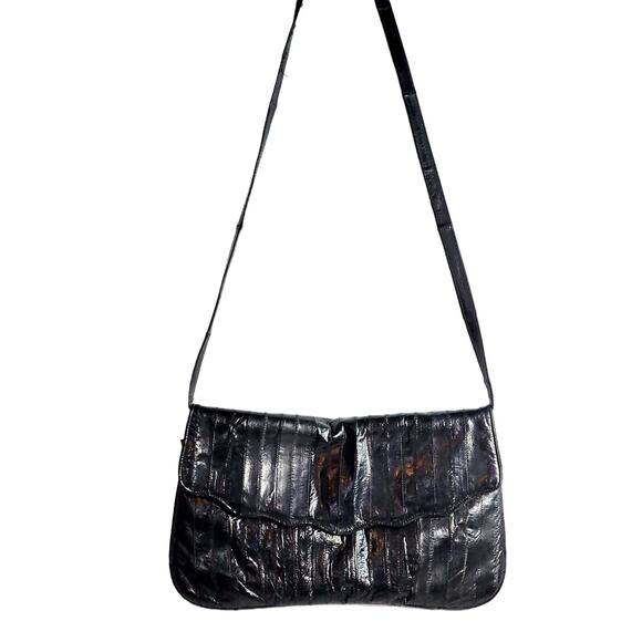 Vintage Genuine Eel Skin Shoulder Bag Black Purse Made Korea Convert to Clutch - Picture 1 of 8